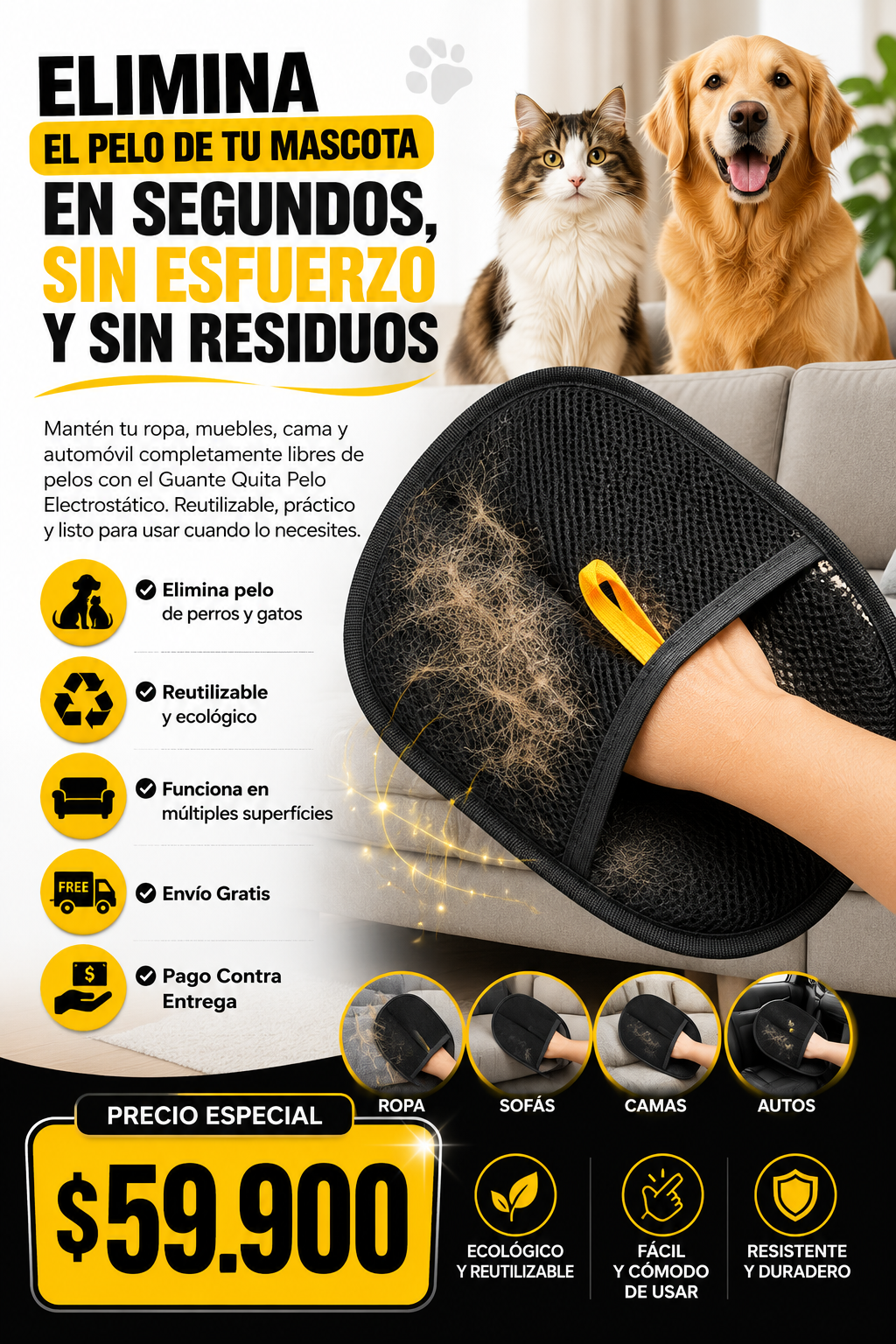Guante Quita Pelo para Mascotas®: Elimina el pelo de perros y gatos en segundos