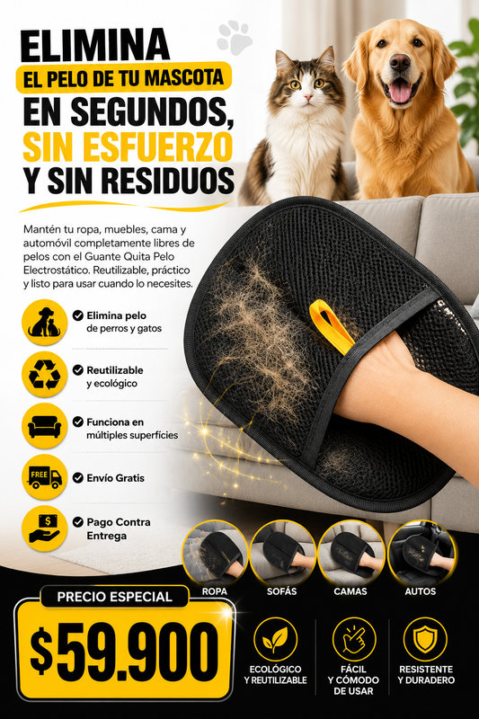 Guante Quita Pelo para Mascotas®:  Elimina el pelo de perros y gatos en segundos